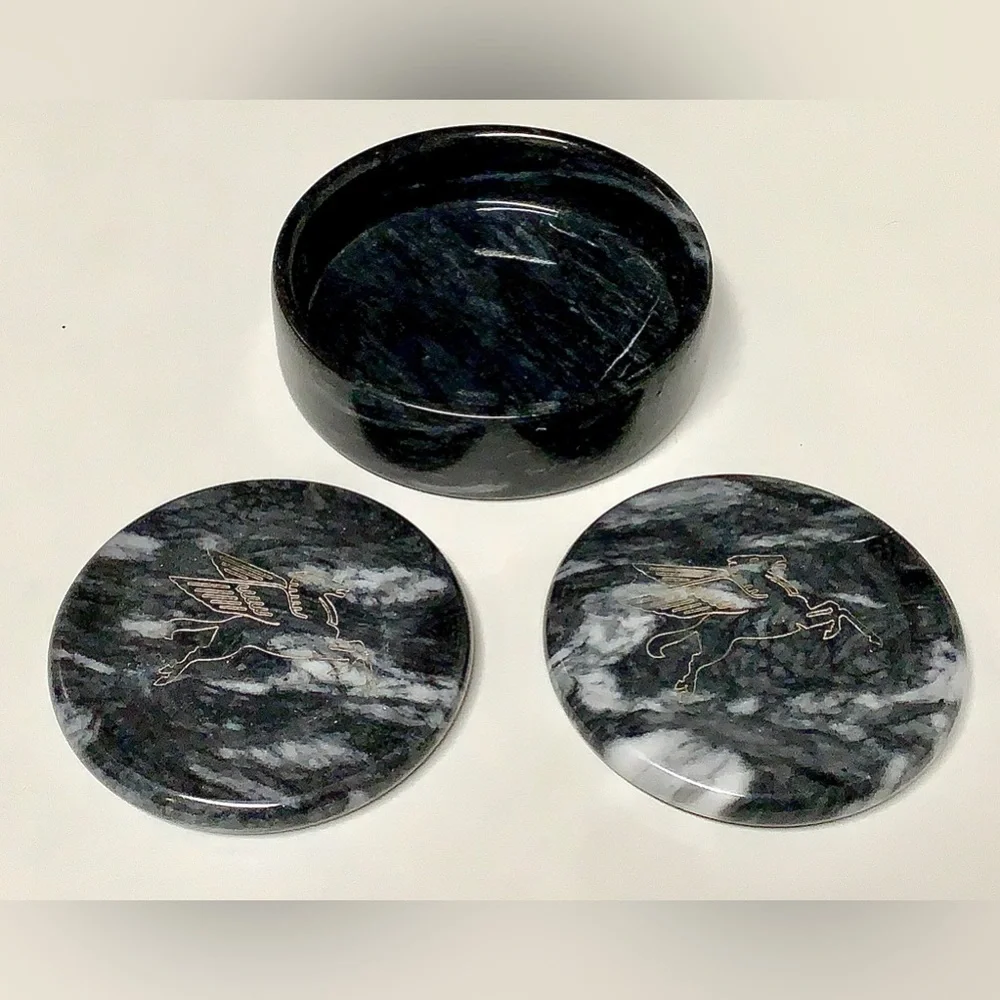 Vintage Executive Set of 2 Black Marble MOBIL Pegasus Logo Drink Coasters